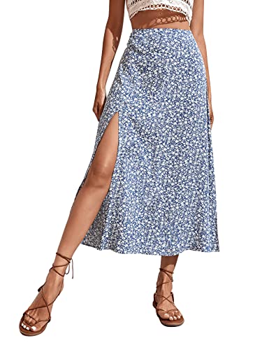 GORGLITTER Damen Sommer Lang Rock Mit Blümchen und Schlitz - A-Linien Blumenrock Geblümt Mit Hoher Taille - Blau und Weiß M von GORGLITTER