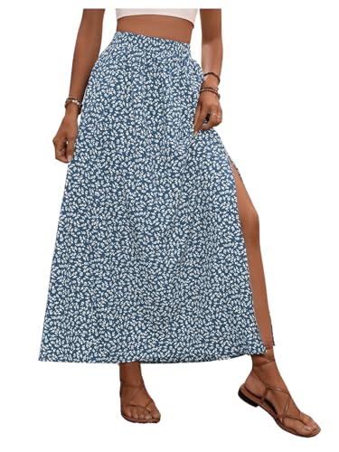 GORGLITTER Damen Sommer Lang Rock Mit Blümchen Und Schlitz - A-Linien Blumenrock Geblümt Mit Hoher Taille Elastischer Bund-Blau L von GORGLITTER