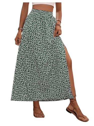 GORGLITTER Rock Damen Sommer Lang Rock Mit Blümchen Rock Mit Schlitz A-Linien Rock Blumenrock Geblümt Rock Mit Hoher Taille Elastischer Bund-Grün M von GORGLITTER
