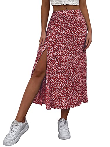 GORGLITTER Rock Damen Sommer Lang Rock Mit Blümchen Rock Mit Schlitz A-Linien Rock Blumenrock Geblümt Rock Mit Hoher Taille Rot XS von GORGLITTER