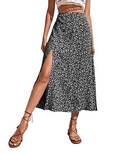 GORGLITTER Damen Sommer Lang Rock Mit Blümchen Und Schlitz - A-Linien Blumenrock Mit Hoher Taille, Geblümt, Schwarz M von GORGLITTER