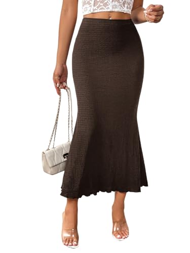 GORGLITTER Rock Herbst Damen Elegant Hohe Taille Fishtail Maxirock Elastischer Taille Bleistiftrock Figurbetont Strickrock Stretch Freizeitrock Schokoladenbraun S von GORGLITTER