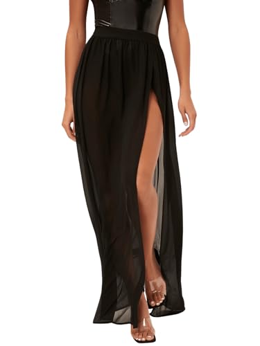GORGLITTER Lang Damen Sommer Rock Mit Schlitz Mesh Festival Mit Netzstoff Strandrock Durchsichtig Maxirock Schwarz M von GORGLITTER