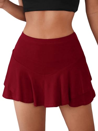 GORGLITTER Rock Mit Rüschen Damen Ausgestellter Rock Mit Breitem Bund Minirock Mit Hoher Taille Sportrock Bordeaux S von GORGLITTER