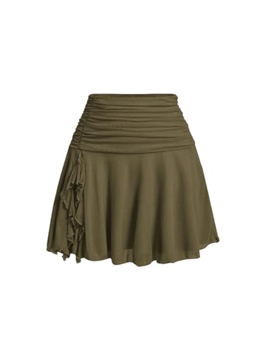 GORGLITTER Rock Mit Rüschen Damen Mesh Minirock Kurzer Rock Mit Netzstoff Geraffter Rock Kurz Armeegrün XS von GORGLITTER