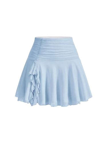 GORGLITTER Rock Mit Rüschen Damen Mesh Minirock Kurzer Rock Mit Netzstoff Geraffter Rock Kurz Hellblau L von GORGLITTER