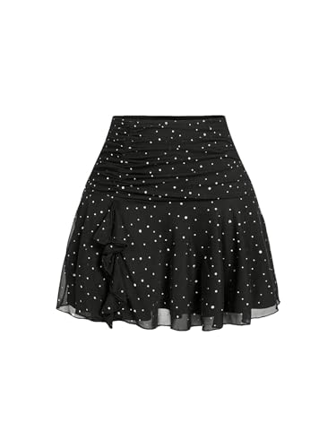GORGLITTER Rock Mit Rüschen Damen Mesh Minirock Kurzer Rock Mit Netzstoff Geraffter Rock Kurz Pailletten-Schwarz L von GORGLITTER