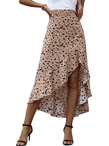 GORGLITTER Rock Mit Rüschen Damen Rock Mit Gummizug Lang Sommerrock Hohe Taille Maxi Röcke Mit Schlitz Langer Rock Locker High Low Skirt Khaki S von GORGLITTER