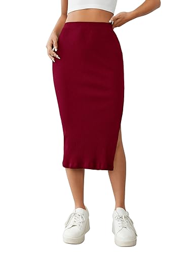 GORGLITTER Rock Mit Schlitz Lang Knielanger Rock Damen Strickrock Midi Rock Mit Hoher Taille Stretch Rock Damen Knielang Elegant Rock Bordeaux L von GORGLITTER