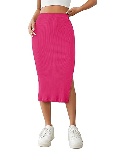 GORGLITTER Rock Mit Schlitz Lang Knielanger Rock Damen Strickrock Midi Rock Mit Hoher Taille Stretch Rock Damen Knielang Elegant Rock Heißes Pink M von GORGLITTER