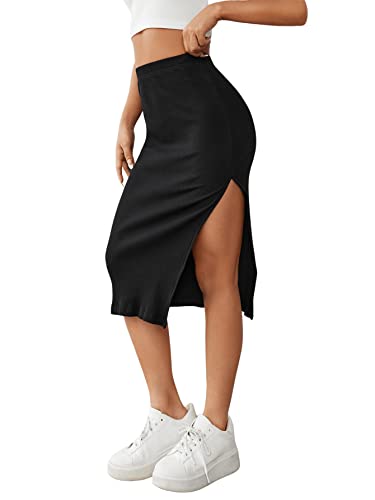 GORGLITTER Rock Mit Schlitz Lang Knielanger Rock Damen Strickrock Midi Rock Mit Hoher Taille Stretch Rock Damen Knielang Elegant Rock Schwarz L von GORGLITTER