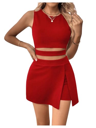 GORGLITTER Rock Und Top Set Damen Zweiteiler Sommer Hosenrock Mit Top Tank Top Mit Ausschnitt 2 Teiler Rot S von GORGLITTER