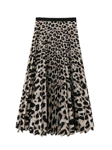 GORGLITTER Röcke Damen Elegant Maxirock Leo Print Freizeitrock A Linie Plissee Faltenrock Partyrock mit Elastischer Bund Festival Outfit Aprikosenfarben M von GORGLITTER