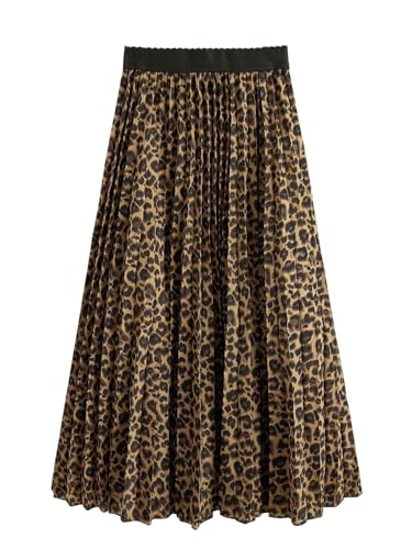 GORGLITTER Röcke Damen Elegant Maxirock Leo Print Freizeitrock A Linie Plissee Faltenrock Partyrock mit Elastischer Bund Festival Outfit Leopardenparden S von GORGLITTER