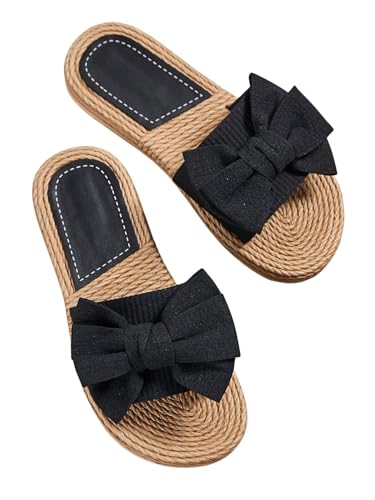 GORGLITTER Sandalen Damen Sommer Boho Flache Schuhe mit Bowknot Sandalette Offener Zehen Freizeitsandale Strandsandalen Outdoor Sandalen Schwarz EUR36 von GORGLITTER