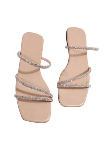 GORGLITTER Sandalen Damen Elegant Flach Glitzer Sommer Sandalette Mit Strass Strandsaandalen Barfuß Sandalen Flache Schuhe Aprikosenfarben CN38 von GORGLITTER