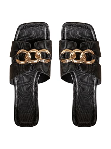 GORGLITTER Sandaletten Damen Flach Sandalen Mit Ketten Sommer Sandalette Flache Sandalen Elegant Strandsaandalen Freizeitsandale Schwarz CN44 von GORGLITTER