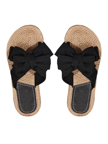 GORGLITTER Sandalen Damen Sommer Strand Sandalen Mit Schleife Sandaletten Flach Sandalen Offen Urlaub Sandalen Boho Sommerschuhe Flip Flops Schwarz CN41 von GORGLITTER