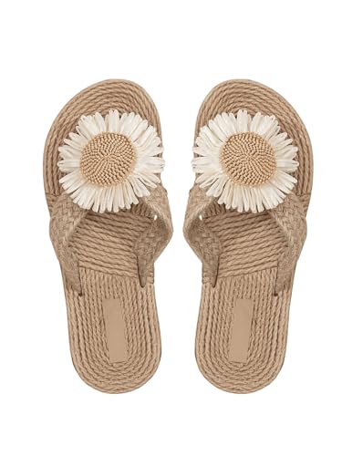 GORGLITTER Sandalen Damen Sommer Strandsandalen mit Blume Dekor Zehensandalen Boho Freizeitsandale Flache Sandalen Urlaubsandalen Weiß CN41 von GORGLITTER
