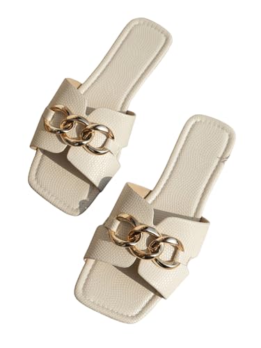 GORGLITTER Sandaletten Damen Flach Sandalen Mit Ketten Sommer Sandalette Flache Sandalen Elegant Strandsaandalen Freizeitsandale Beige CN37 von GORGLITTER