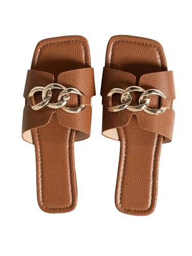 GORGLITTER Sandaletten Damen Flach Sandalen Mit Ketten Sommer Sandalette Flache Sandalen Elegant Strandsaandalen Freizeitsandale Braun CN36 von GORGLITTER