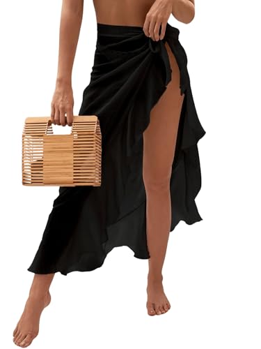 GORGLITTER Sarong Tuch Damen Blickdicht Bikini Rock Sommer Cover Up Wickelrock Sarong Pareo Wickeltuch Strandrock Strandkleid Schwarz One Size von GORGLITTER