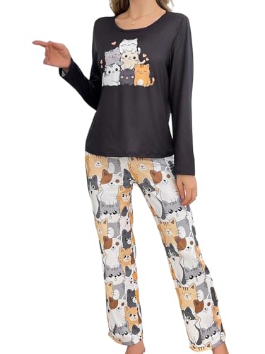 GORGLITTER Schlafanzug Damen Lang Pyjama Set Cartoon Katzen Schlafanzüge Langarm Shirts mit Langer Pyjamahose Zweiteiliger Hausanzug Nachtwäsche Set Loungewear Schwarz S von GORGLITTER