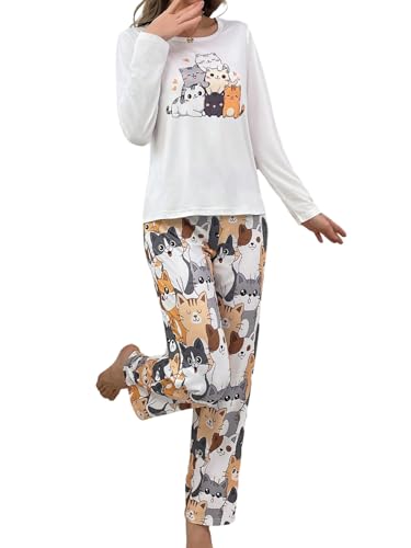 GORGLITTER Schlafanzug Damen Lang Pyjama Set Cartoon Katzen Schlafanzüge Langarm Shirts mit Langer Pyjamahose Zweiteiliger Hausanzug Nachtwäsche Set Loungewear Weiß M von GORGLITTER