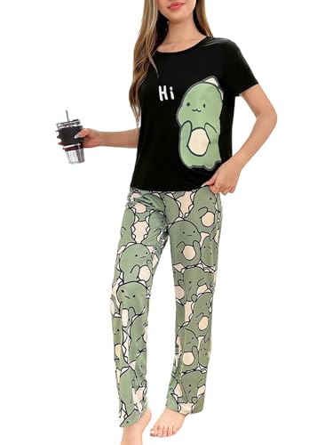 GORGLITTER Schlafanzug Damen Lang Süßes Dinosaurier-Muster Pyjama Set Nachtwäsche Kurzarm Zweiteiliger Hausanzug Loungewear Schlafanzüge Schwarz S von GORGLITTER