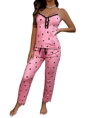 GORGLITTER Schlafanzug Damen Sexy Pyjama Set Hausanzug Zweiteiler Cami Pyjama Mit Herzen Spitzen Schlafanzug Süße Nachtwäsche Rosa L von GORGLITTER