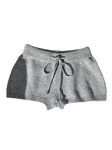 GORGLITTER Schlafhose Damen Kurz Pyjama Short Nachtwäsche Pyjamahose Lounge-Shorts Schlafshorts mit Kordelzug Strickshort Hellgrau M von GORGLITTER