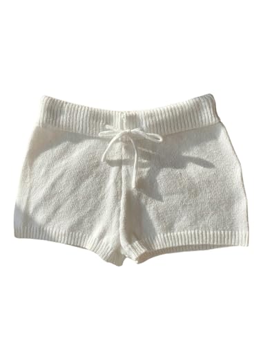 GORGLITTER Schlafhose Damen Kurz Pyjama Short Nachtwäsche Pyjamahose Lounge-Shorts Schlafshorts mit Kordelzug Strickshort Weiß L von GORGLITTER