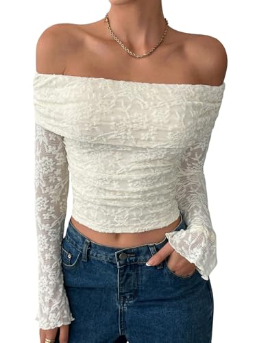 GORGLITTER Schulterfrei Oberteil Damen Langarm Spitzenbluse Elegant Off Shoulder Spitzenshirt Bauchfrei Langarmshirt Partytop Herbst Outfit Weiß XS von GORGLITTER