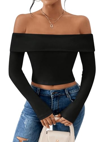 GORGLITTER Schulterfreies Oberteil Damen Sexy Langarmshirt Crop Top Langarm Bauchfreies Tshirt Schwarz XS von GORGLITTER