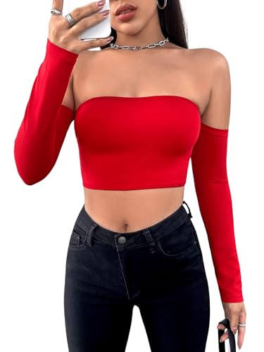 GORGLITTER Schulterfreies Oberteil Damen Sexy Langarmshirt Eng Bauchfrei Crop Top Y2k Rot M von GORGLITTER