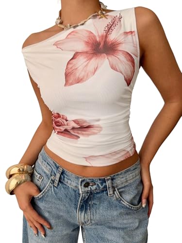 GORGLITTER Schulterfreies Oberteil Damen Y2K Ärmellos Tank Top mit Blumenmuster Slim Fit One Shoulder Basic Crop Tops Bauchfreies Oberteile Beige XS von GORGLITTER