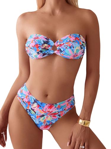 GORGLITTER Sexy Bandeau Bikini Set Damen Trägerloser Bikini Mit Blumen Zweiteiler Badeanzug High Waist Bikinis Tanga Bademode Swimsuit Hellblau L von GORGLITTER