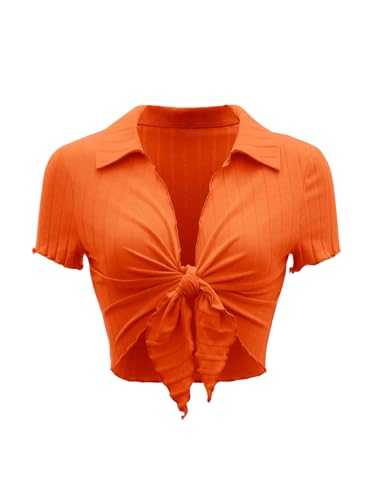 GORGLITTER Sexy Crop Top Damen Party Oberteil Mit Wellensaum Rippenstrick Crop Top Bauchfreies Oberteil Mit Knoten Vorne Orange S von GORGLITTER