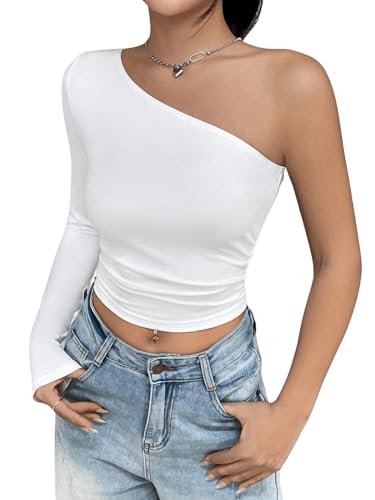 GORGLITTER Sexy Langarmshirt Damen Schulterfreies Oberteil Crop Top Mit Ausschnitt Top Mit Einem Ärmel Weiß S von GORGLITTER