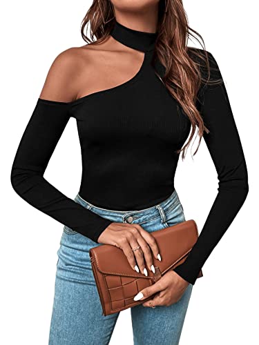 GORGLITTER Sexy Langarmshirt Damen T-Shirt Mit Asymmetrischem Kragen Schulterfreies Oberteil Langarm Schwarz XS von GORGLITTER