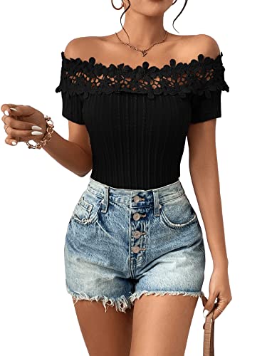 GORGLITTER Shirt Mit Spitze Damen Schulterfreies Oberteil Spitzentop Sommer Elegante Oberteile Mit Spitze Schwarz M von GORGLITTER