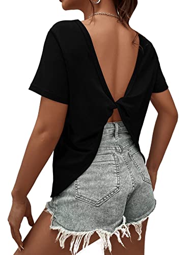 GORGLITTER Shirt Mit Twist Damen Tshirt Mit V Ausschnitt Sexy Kurzarm Oberteil Rückenfreies Top Sommer Tops Mit Ausschnitt Schwarz S von GORGLITTER