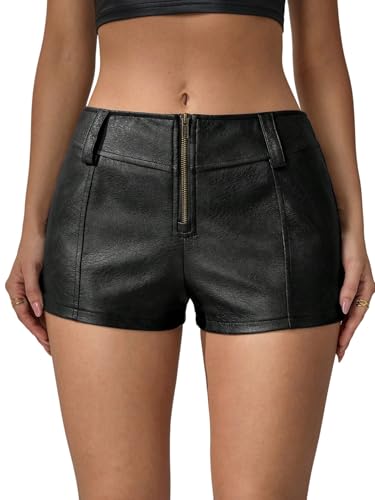 GORGLITTER Shorts Damen Elegant Shorts Drop Waist Ledershorts mit Reißverschluss Kurze Hose Freizeitshorts Minishorts Party Outfit Schwarz XL von GORGLITTER