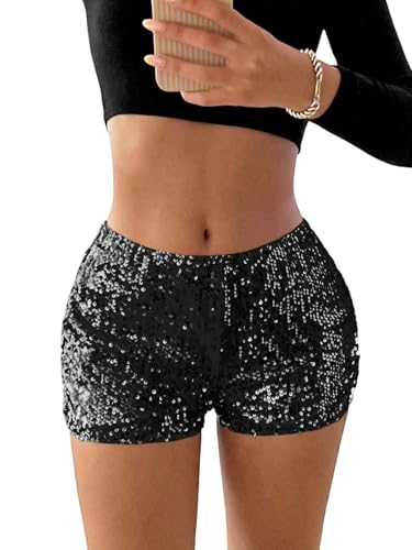 GORGLITTER Shorts Damen Niedriger Taille Partyshort mit Pailletten Y2K Rave Glitzer Clubwear Freizeitshort Strechy Kurz Hosen Festival Outfit Schwarz S von GORGLITTER