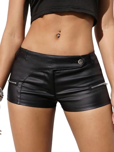 GORGLITTER Shorts Damen PU-Leder Shorts mit Reißschluss Kurze Hose Drop Taille Ledershorts mit Taschen Bodycon Partyshorts Festival Outfit Schwarz XS von GORGLITTER