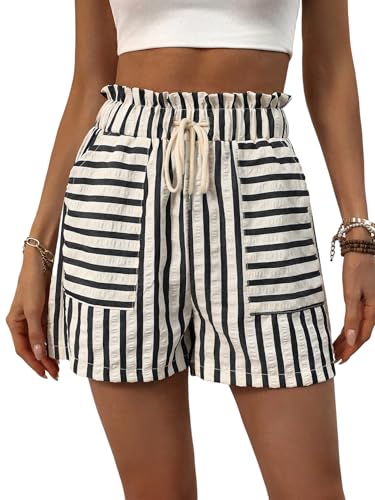 GORGLITTER Shorts Damen Sommer Bermuda Sommershorts Gestreift Kurze Hose Breites Bein Freizeitshort Hotpants mit Taschen Strand Outfit Schwarz L von GORGLITTER