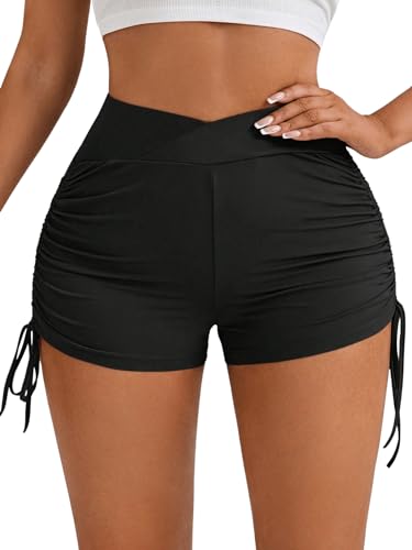 GORGLITTER Shorts Radlerhose Damen Tranningshort Sommershorts Casualshort Sport Short Slim Kurz Hose mit Ziehbändchen Schwarz S von GORGLITTER