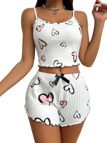 GORGLITTER Shorty Pyjama Damen Sommer Schlafanzug Mit Herzen 2 Teilig Nachtwäsche Cute Loungewear Set Zweiteiler Hausanzug Shorts Mit Top Set Weiß M von GORGLITTER
