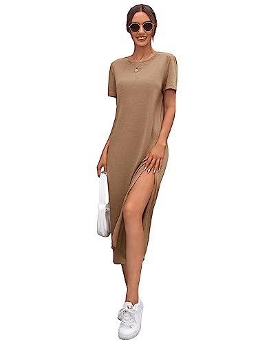 GORGLITTER Sommer Kleider Damen Kurzarm Midi T-Shirt-Kleid mit Schlitz Klassic Freizeitkleid Casualkleid Rundhals Kamel M von GORGLITTER