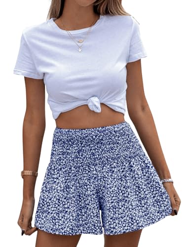 GORGLITTER Sommer Kurze Hosen Damen Shorts Mit Weitem Bein Kurze Hose Mit Blumen Sommer Rüschen Shorts Stretch Short Kurze Hose Locker Blau S von GORGLITTER
